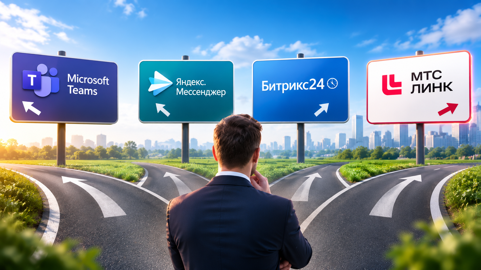 Изображение. Человек в деловом костюме стоит перед развилкой дорог с указателями на Microsoft Teams, Яндекс.Мессенджер, МТС Линк и Битрикс24 символизируя выбор платформы как бизнес-решения